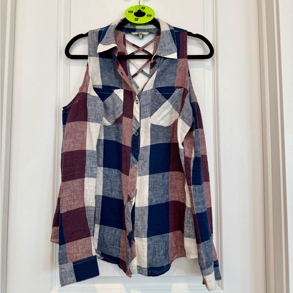 Plaid Cutout Button-down Top